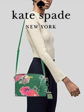 KATE SPADE All Leather Kelly Green Pink  Floral Crossbody Bag Logo Gold Charm